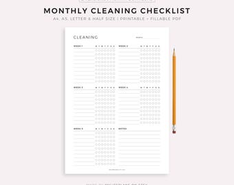 Monthly Cleaning Checklist, Printable Cleaning Template, Cleaning Planner, Cleaning To Do List, A4/A5/Letter/Half Size, Instant Download PDF