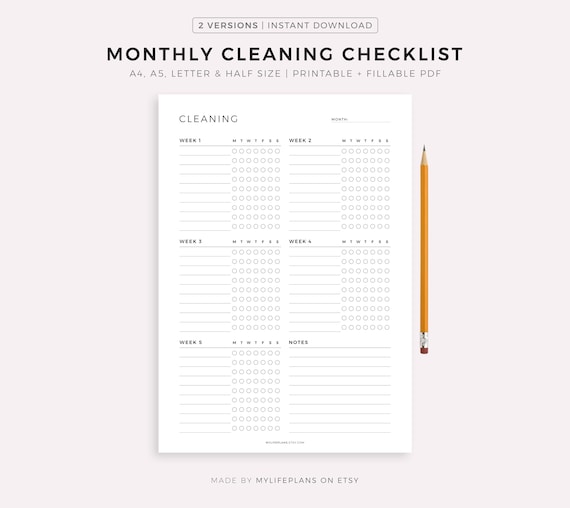Monthly Cleaning Checklist, Printable Cleaning Template, Cleaning Planner, Cleaning To Do List, A4/A5/Letter/Half Size, Instant Download PDF