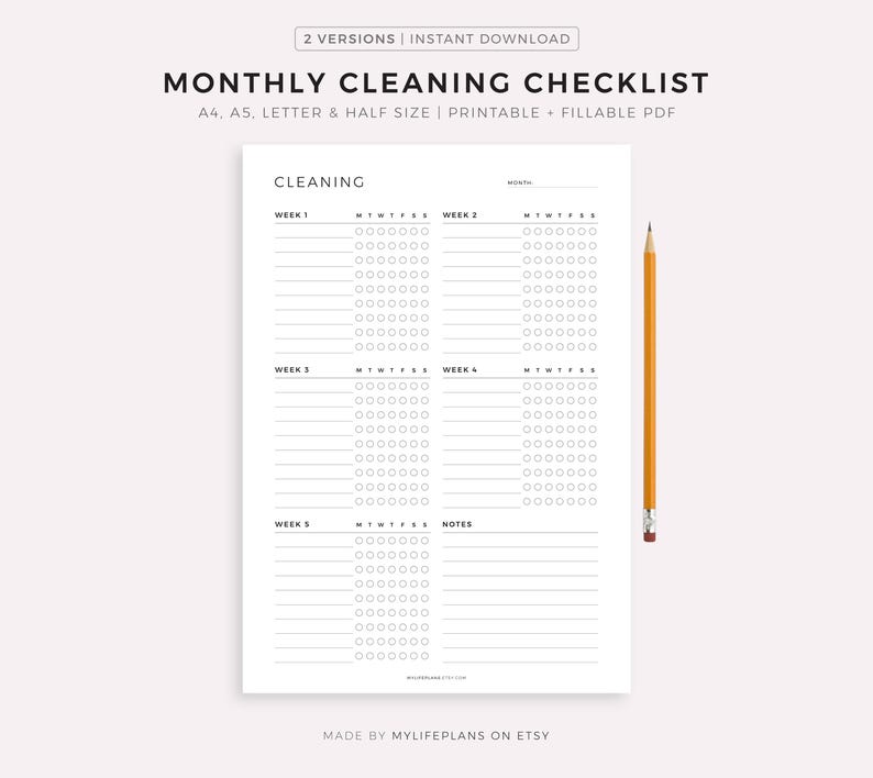 Monthly Cleaning Checklist, Printable Cleaning Template, Cleaning Planner, Cleaning To Do List, A4/A5/Letter/Half Size, Instant Download PDF image 1