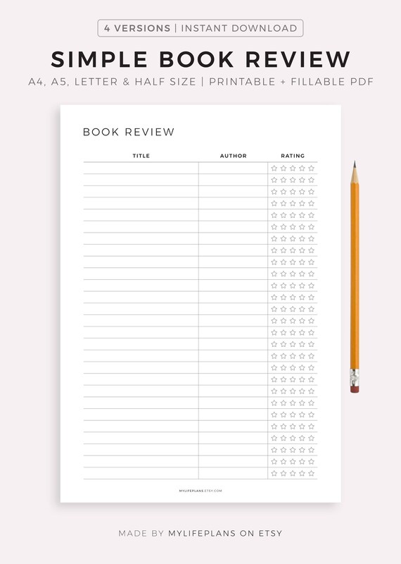 Simple Book Review Template Printable, Book Log and Review, Book Rating,  Book Lover Inserts, A4/a5/letter/half Size, Instant Download PDF -   Canada