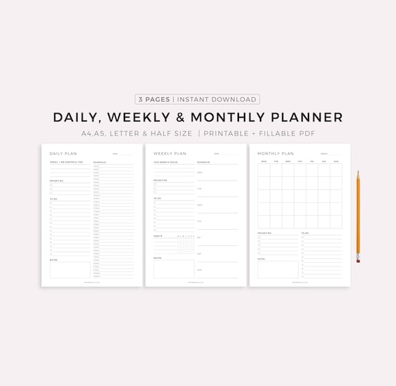 Daily Planner, Weekly Planner, Monthly Planner, Printable planner, Planner set, Planner Inserts, Instant Download, A4/A5/Letter/Half Size