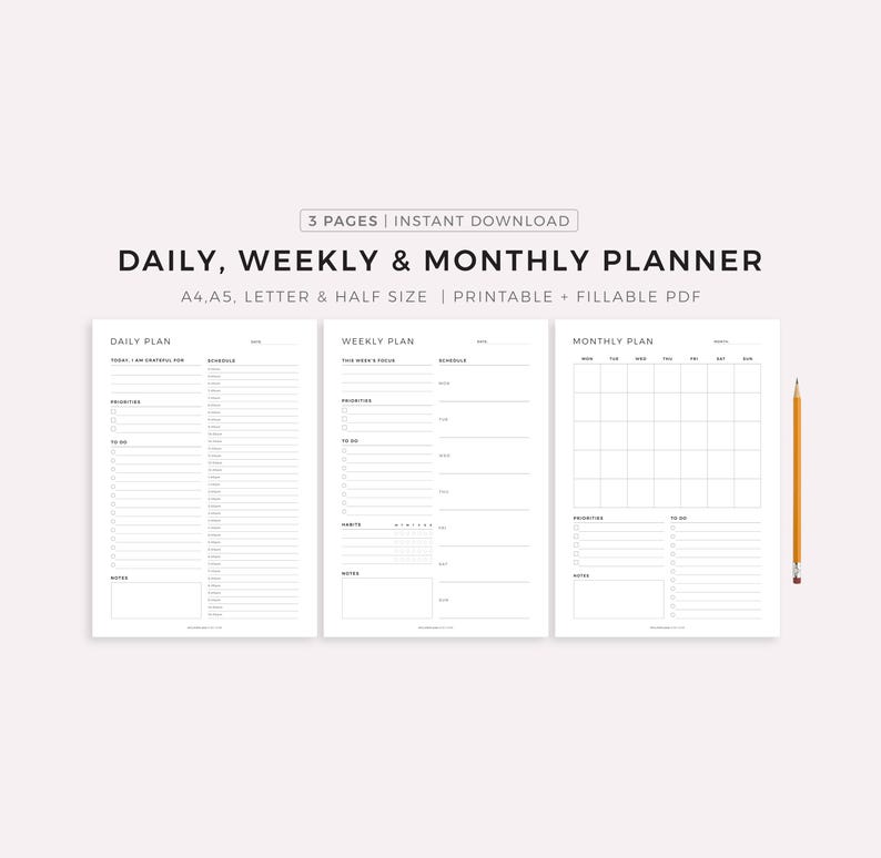 Daily Planner, Weekly Planner, Monthly Planner, Printable planner, Planner set, Planner Inserts, Instant Download, A4/A5/Letter/Half Size image 1