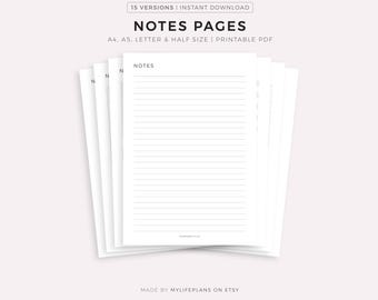 Notizseiten, Briefpapier, leere Notizen, Lernnotizen Vorlage, Lehrnotizen, A4/A5/Letter/halbe Größe, Instant Download PDF