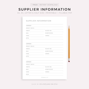 Informazioni dettagliate sul fornitore stampabili, modello di profilo del fornitore, contatti del fornitore di forniture, organizzatore del proprietario dell'azienda, download immediato del PDF