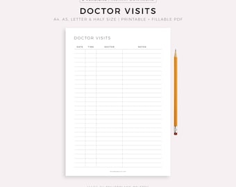 Doctor Visits Tracker Printable Template, Doctor Appointment Log, Medical Specialist Visit, Health Tracker, A4/A5/Letter/Half Size