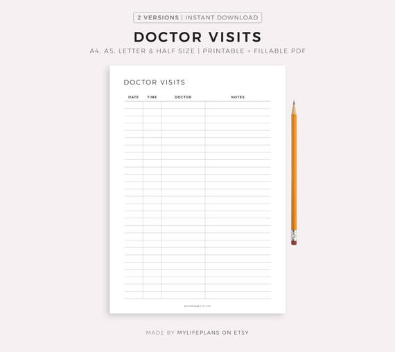 Doctor Visits Tracker Printable Template, Doctor Appointment Log, Medical Specialist Visit, Health Tracker, A4/A5/Letter/Half Size
