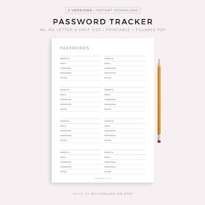 Rastreador de contraseñas imprimible y rellenable, registro de contraseñas, organizador de contraseñas, administrador de contraseñas, tamaño A4/A5/Carta/Media página, descarga instantánea en PDF.
