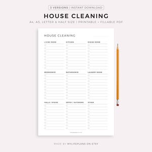 House Cleaning Checklist - Living Room, Kitchen, Bedroom, Bathroom, Laundry Room, Garage, ect.. A4/A5/Letter/Half Size, Instant Download PDF