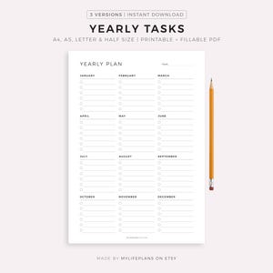Yearly Tasks, Yearly To Do List, Yearly Planner, Annual Planner, Minimalist Planner, A4/A5/Letter/Half, Printable & Fillable, PDF Download