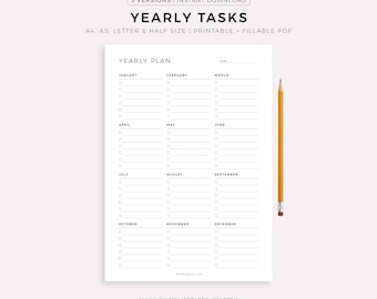 Yearly Tasks, Yearly To Do List, Yearly Planner, Annual Planner, Minimalist Planner, A4/A5/Letter/Half, Printable & Fillable, PDF Download
