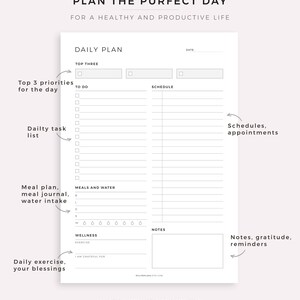 May include: A printable daily planner with sections for top three priorities, daily tasks, meal planning, water intake, wellness, and notes. The planner has a black and white design with a simple, minimalist aesthetic.