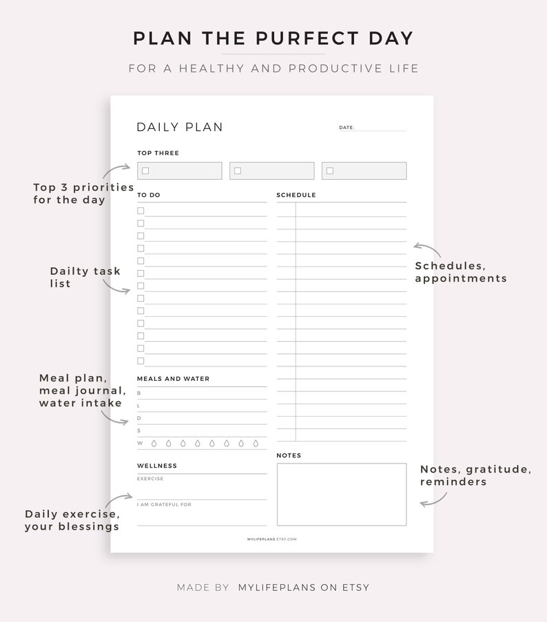 May include: A printable daily planner with sections for top three priorities, daily tasks, meal planning, water intake, wellness, and notes. The planner has a black and white design with a simple, minimalist aesthetic.
