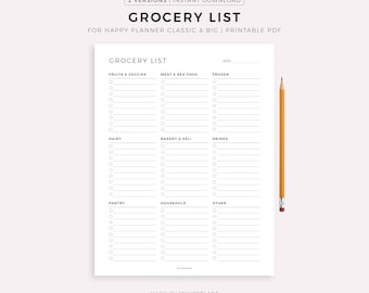 Puede incluir: Una lista de compras imprimible con secciones para frutas, carne, lácteos y más. La lista está diseñada para Happy Planner Classic & Big. Un lápiz amarillo descansa en el lado derecho de la página.
