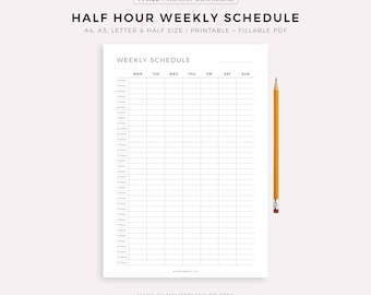 Half Hour Weekly Schedule, Weekly Planner Printable, Week At a Glance, Weekly To Do List, Weekly Agenda, A5/A4/Letter/Half Letter