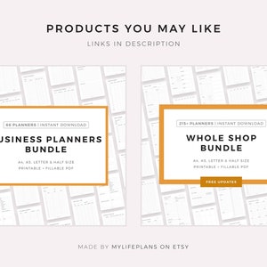 Puede incluir: Dos paquetes de productos digitales para planificadores de negocios y planificadores de tiendas. Los paquetes incluyen 66 y 215 planificadores, respectivamente. Ambos paquetes son PDF imprimibles y rellenables, disponibles en formatos A4, A5, Letter y tama&ntilde;o medio. Los paquetes est&aacute;n disponibles para descarga instant&aacute;nea. El texto "Made by MyLifePlans on Etsy" est&aacute; en la parte inferior de la imagen.