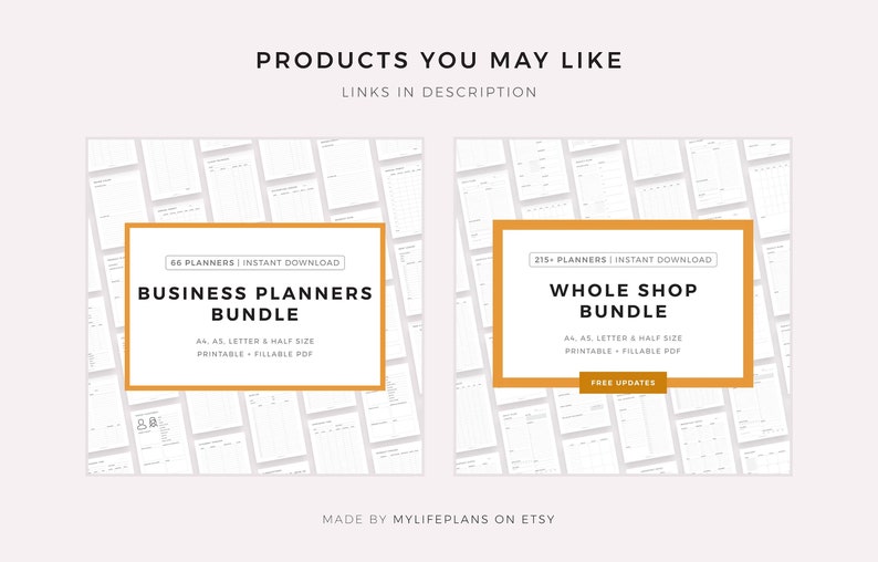 Puede incluir: Dos paquetes de productos digitales para planificadores de negocios y planificadores de tiendas. Los paquetes incluyen 66 y 215 planificadores, respectivamente. Ambos paquetes son PDF imprimibles y rellenables, disponibles en formatos A4, A5, Letter y tama&ntilde;o medio. Los paquetes est&aacute;n disponibles para descarga instant&aacute;nea. El texto "Made by MyLifePlans on Etsy" est&aacute; en la parte inferior de la imagen.