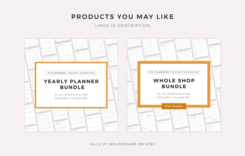 Puede incluir: Dos paquetes de planificadores digitales sobre un fondo rosa claro. El "Yearly Planner Bundle" incluye 35 planificadores, y el "Whole Shop Bundle" incluye 215+ planificadores. Ambos son PDF imprimibles y rellenables en formatos A4, A5, carta y media carta.