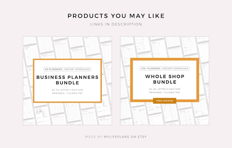 May include: Two digital product bundles for business planners and shop planners. The bundles include 66 and 215 planners, respectively. Both bundles are printable and fillable PDFs, available in A4, A5, Letter, and half-size formats. The bundles are available for instant download. The text "Made by MyLifePlans on Etsy" is at the bottom of the image.
