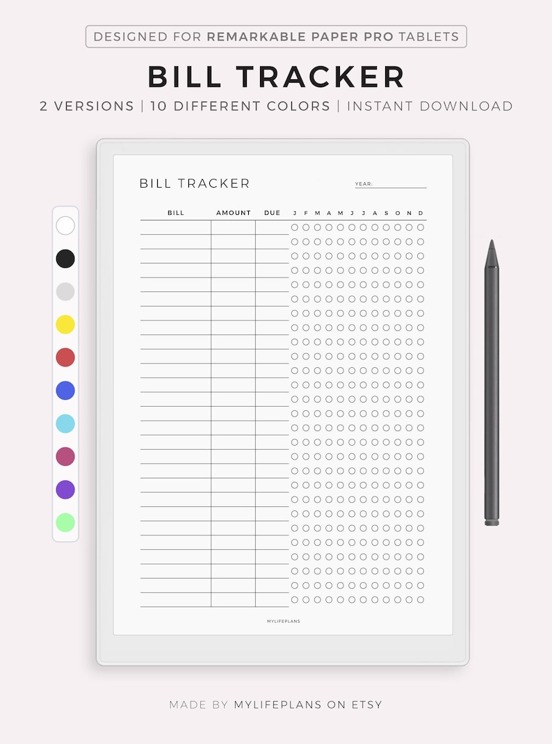 Bill Tracker Template for Remarkable Paper Pro, Instant Download - Etsy