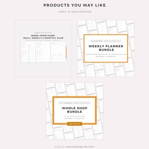 May include: An image showcasing digital planner bundles, including a work-from-home plan, a weekly planner bundle, and a whole shop bundle. Each bundle is presented with a white background and orange borders, highlighting the planner's design and features. Text includes "Instant Download" and "Printable".