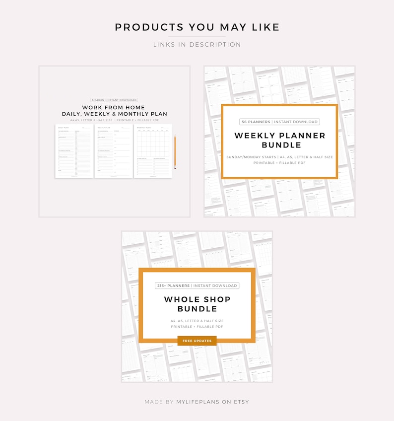 May include: An image showcasing digital planner bundles, including a work-from-home plan, a weekly planner bundle, and a whole shop bundle. Each bundle is presented with a white background and orange borders, highlighting the planner's design and features. Text includes "Instant Download" and "Printable".