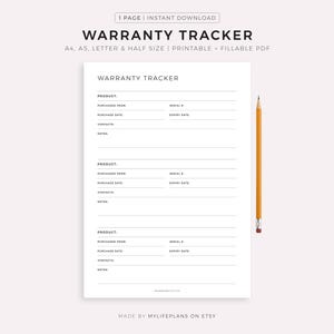 May include: A white printable warranty tracker with the title "WARRANTY TRACKER" in black text. The document includes fields for product details, purchase information, and contact details. A yellow pencil is placed on the right side of the document.