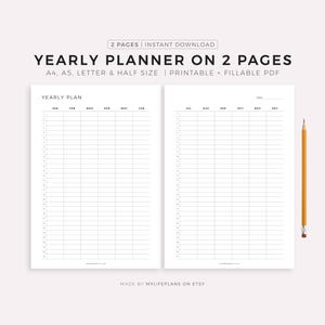 Planner annuale stampabile di 2 pagine, panoramica dell'anno, agenda annuale, panoramica di 12 mesi, verticale, A4/Lettera, download immediato in PDF