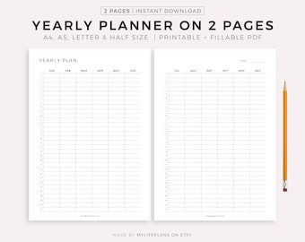 2 Page Yearly Planner Printable, Year At a Glance, Yearly Agenda, 12 Month Overview, Vertical, A4/Letter, Instant Download PDF