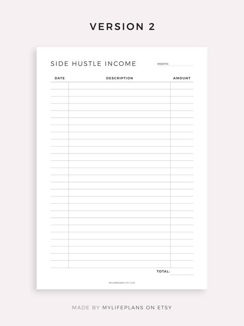 Side Hustle Income Printable Template, Passive Income Stream Tracker ...