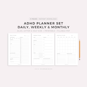 Conjunto de agendas para TDAH para impressão - Agenda diária, Agenda semanal, Agenda mensal, download instantâneo, tamanho A4/A5/Carta/Meio tamanho