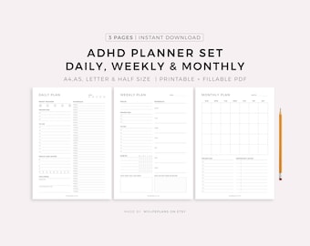 ADHD Planner Printable Set - Daily Planner, Weekly Planner, Monthly Planner, Instant Download, A4/A5/Letter/Half Size