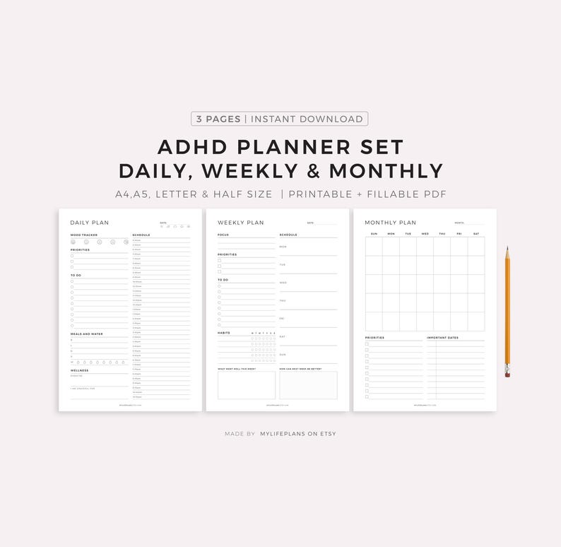 ADHD Planner Printable Set - Daily Planner, Weekly Planner, Monthly ...