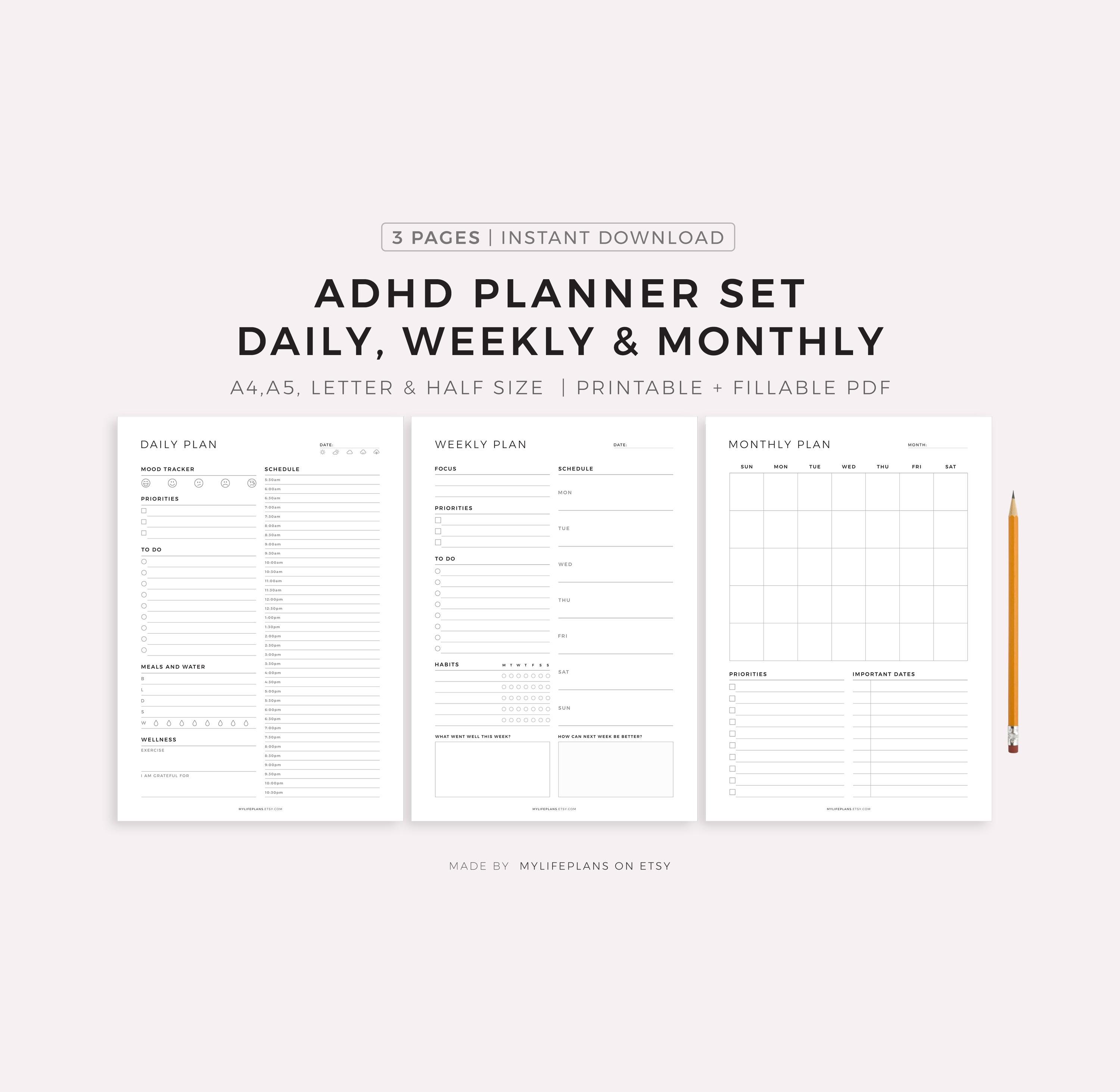 ADHD Planner Printable Set - Daily Planner, Weekly Planner, Monthly ...