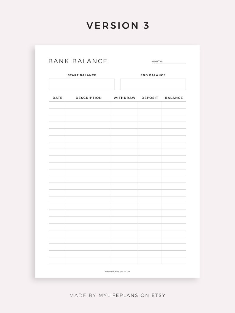 Bank Balance Sheet Printable Bank Account Transactions - Etsy