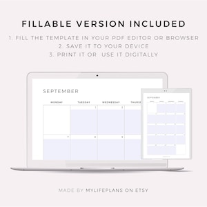 Pode incluir: Um modelo de planejador digital exibido em um laptop e tablet. A tela do laptop mostra um calend&aacute;rio de setembro, com o texto "FILLABLE VERSION INCLUDED" no topo. As instru&ccedil;&otilde;es s&atilde;o fornecidas abaixo. O tablet exibe um calend&aacute;rio semelhante.