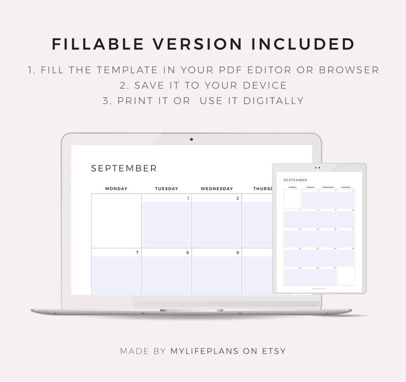 Pode incluir: Um modelo de planejador digital exibido em um laptop e tablet. A tela do laptop mostra um calend&aacute;rio de setembro, com o texto "FILLABLE VERSION INCLUDED" no topo. As instru&ccedil;&otilde;es s&atilde;o fornecidas abaixo. O tablet exibe um calend&aacute;rio semelhante.