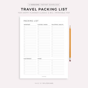 May include: A printable travel packing list for Happy Planner Classic & Big. The list includes sections for important items, clothes/shoes, toiletries/health, electronics, and other. A yellow pencil rests on the right side of the page.