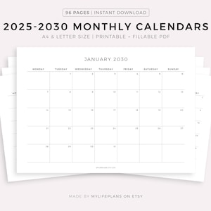 2025-2030 Monthly Calendars Landscape, Printable Calendar Template, Minimalist Calendar, Year Calendar, Monday/Sunday Start, A4/Letter