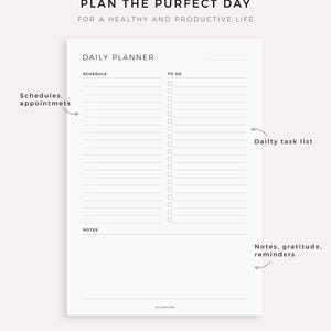 May include: A black and white printable daily planner with the text "PLAN THE PURFECT DAY FOR A HEALTHY AND PRODUCTIVE LIFE" at the top. The planner is divided into three sections: "SCHEDULE", "TO DO", and "NOTES".