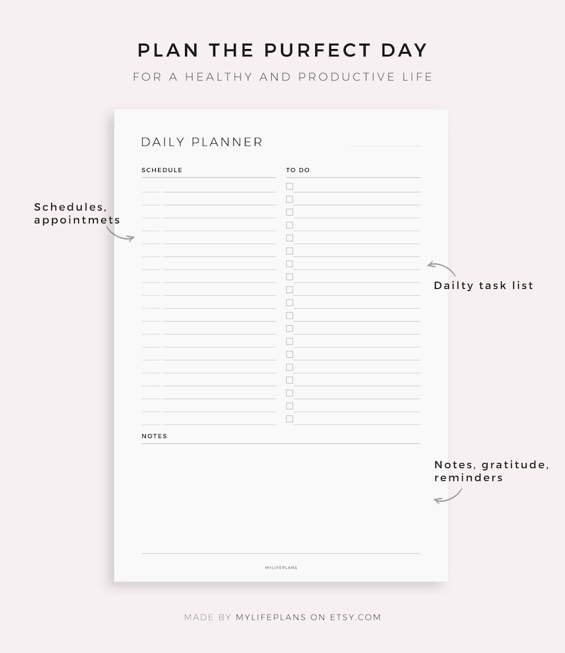 May include: A black and white printable daily planner with the text "PLAN THE PURFECT DAY FOR A HEALTHY AND PRODUCTIVE LIFE" at the top. The planner is divided into three sections: "SCHEDULE", "TO DO", and "NOTES".