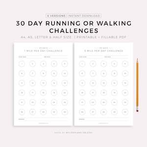 30 Day Running or Walking Challenge Printable, Daily Workout Challenge, Health & Fitness Goals, A4/A5/Letter/Half Size