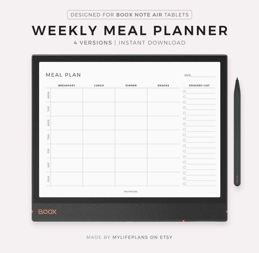 Boox Note Air Weekly Meal Planner Landscape, 7 Day Menu Planner, Meal ...