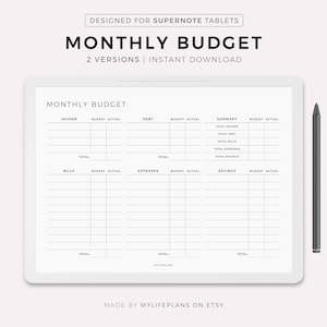 May include: A printable monthly budget planner designed for Supernote tablets. The planner includes sections for income, debt, bills, expenses, savings, and a summary. The planner is designed to help users track their finances and stay on budget.