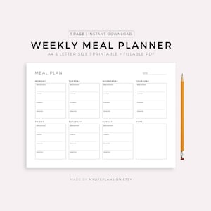 Printable Weekly Meal Planner Landscape, Food Diary, Meal Tracker, Food Journal, Meal Prep Planner, A4/A5/Letter/Half Size, Instant Download