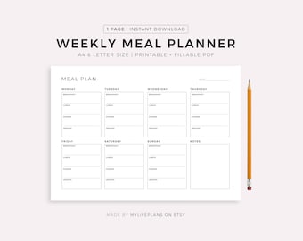 Printable Weekly Meal Planner Landscape, Food Diary, Meal Tracker, Food Journal, Meal Prep Planner, A4/A5/Letter/Half Size, Instant Download