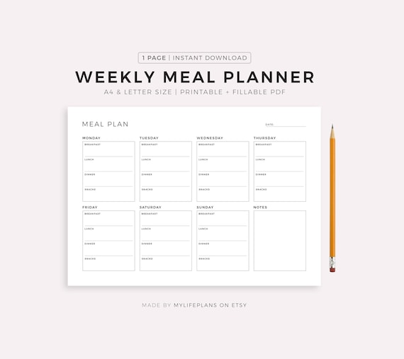 Printable Weekly Meal Planner Landscape, Food Diary, Meal Tracker, Food Journal, Meal Prep Planner, A4/A5/Letter/Half Size, Instant Download