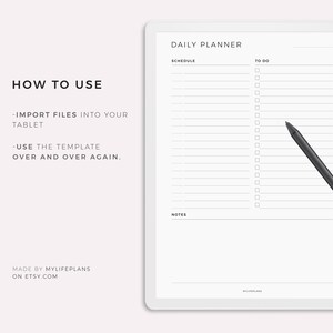 May include: A white digital tablet displaying a daily planner template. The planner has sections for schedule, to do, and notes. The tablet is on a white background.