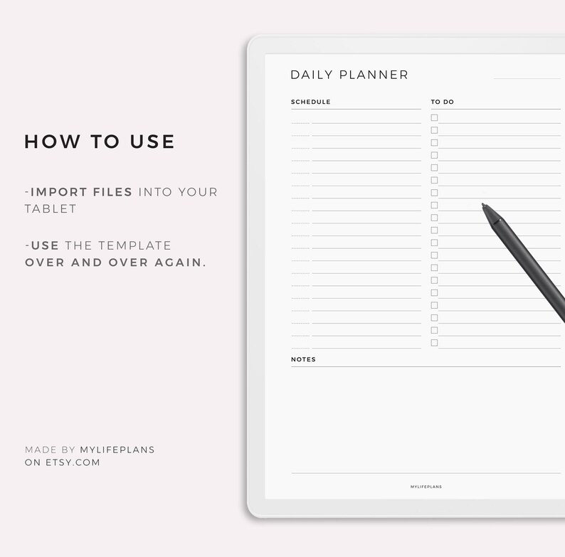 May include: A white digital tablet displaying a daily planner template. The planner has sections for schedule, to do, and notes. The tablet is on a white background.