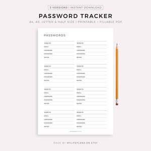 Rastreador de contraseñas imprimible y rellenable, administrador de contraseñas, organizador de contraseñas, registro de contraseñas, tamaño A4/A5/carta/media página, descarga instantánea en PDF.
