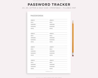 Password Tracker Printable & Fillable, Password Keeper, Password Organizer, Password Log, A4/A5/Letter/Half, Instant Download PDF